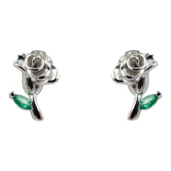 Rhodium plated sterling Silver flower design stud earrings with a Emerald cubic zirconia stone.
