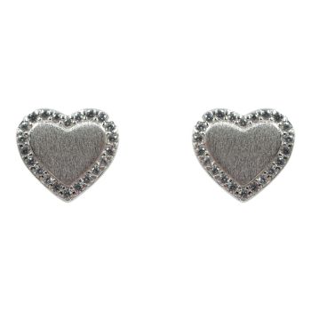 Rhodium plated sterling Silver heart design stud earrings with Clear cubic zirconia stones.

