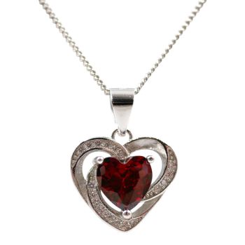 Rhodium plated sterling Silver heart pendant with Clear and Garnet cubic zirconia stones.
Supplied on a Rhodium plated Sterling Silver 18 inch curb chain.
