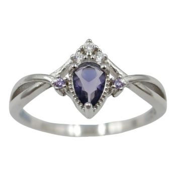 Rhodium plated sterling Silver ring with Clear and Amethyst cubic zirconia stones.
