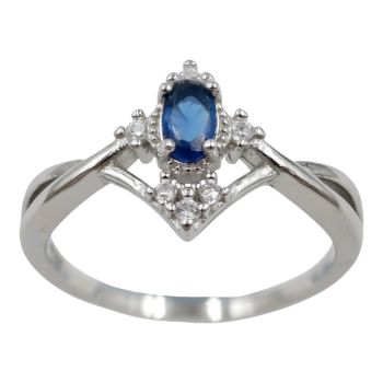 Rhodium plated sterling Silver ring with Clear and Sapphire cubic zirconia stones.