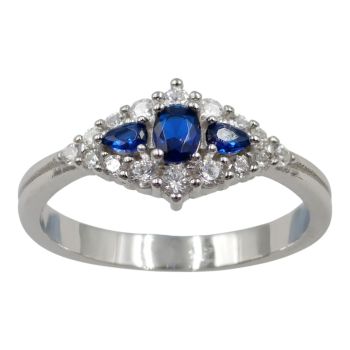 Rhodium plated sterling Silver ring with Clear and Sapphire cubic zirconia stones.