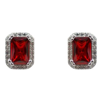 Rhodium plated sterling Silver stud earrings with Clear and Garnet cubic zirconia stones.

