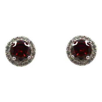 Rhodium plated sterling Silver stud earrings with Clear and Garnet cubic zirconia stones.
