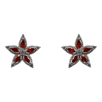Rhodium plated sterling Silver flower stud earrings with Clear and Garnet cubic zirconia stones.
