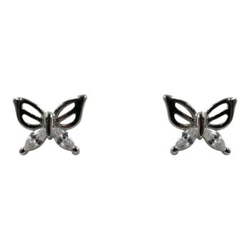 Rhodium plated sterling Silver butterfly design stud earrings with Clear cubic zirconia stone.
