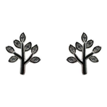 Rhodium plated sterling Silver tree of life stud earrings with Clear cubic zirconia stones.
