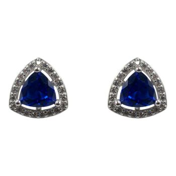 Rhodium plated sterling Silver stud earrings with Clear and Sapphire cubic zirconia stones.
