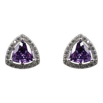 Rhodium plated sterling Silver stud earrings with Clear and Amethyst cubic zirconia stones.
