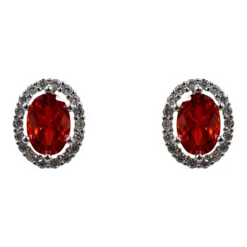 Rhodium plated sterling Silver oval stud earrings with Clear and Garnet cubic zirconia stones.
