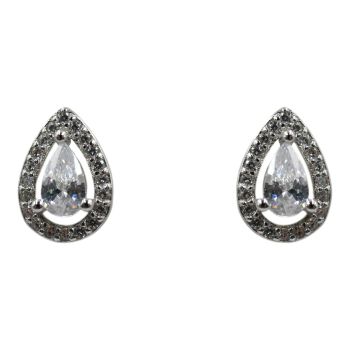 Rhodium plated sterling Silver teardrop stud earrings with Clear cubic zirconia stones.
