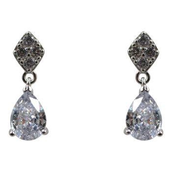 Rhodium plated sterling Silver drop earrings with Clear cubic zirconia stones.
