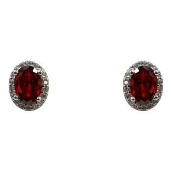 Rhodium plated sterling Silver oval stud earrings with Clear and Garnet cubic zirconia stones.

