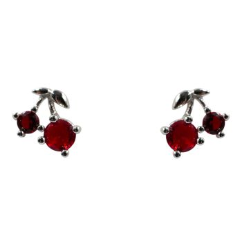 Rhodium plated sterling Silver cherry design stud earrings with Ruby cubic zirconia stones.
