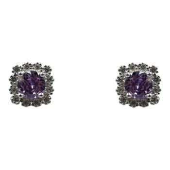 Rhodium plated sterling Silver stud earrings with Clear and Amethyst cubic zirconia stones.
