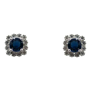 Rhodium plated sterling Silver stud earrings with Clear and Sapphire cubic zirconia stones.
