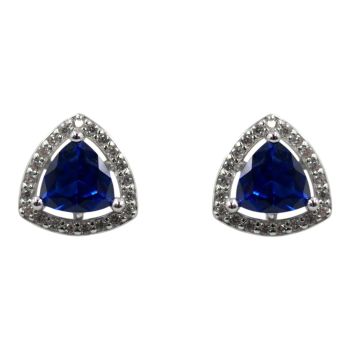 Rhodium plated sterling Silver stud earrings with Clear and Blue cubic zirconia stones.
