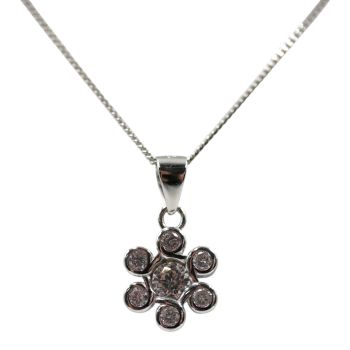 Rhodium plated sterling Silver flower design pendant with Clear cubic zirconia stones.
