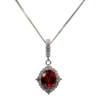 Rhodium plated sterling Silver pendant with Clear and Garnet cubic zirconia stones.
