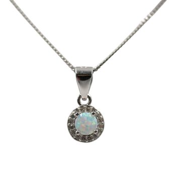 Rhodium plated sterling Silver pendant with Clear cubic zirconia stones and a synthetic White Opal stone.

