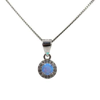 Rhodium plated sterling Silver pendant with Clear cubic zirconia stones and a synthetic Blue Opal stone.
