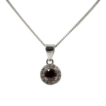 Rhodium plated sterling Silver pendant with Clear and Garnet cubic zirconia stones.
