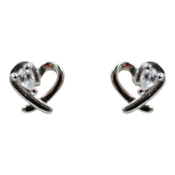 Rhodium plated sterling silver heart design stud earrings with Clear cubic zirconia stones.
