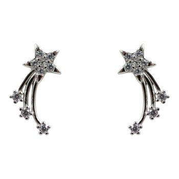 Rhodium plated sterling Silver shooting star design stud earrings with Clear cubic zirconia stones.
