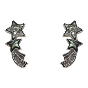 Rhodium plated sterling Silver shooting star design stud earrings with Clear cubic zirconia stones.
