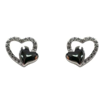 Rhodium plated sterling Silver heart stud earrings with Clear cubic zirconia stones.
