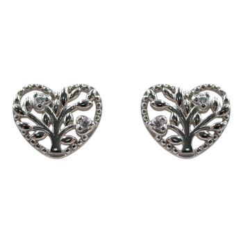 Rhodium plated sterling Silver tree of life heart design stud earrings with Clear cubic zirconia stones.
