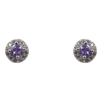 Rhodium plated sterling Silver stud earrings with Clear and Amethyst cubic zirconia stones.
