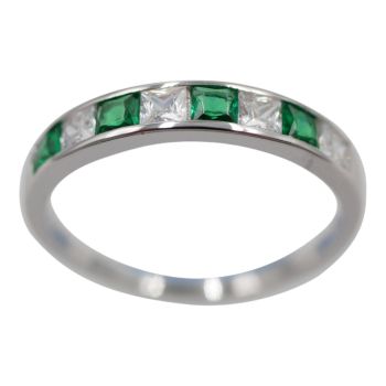 Rhodium plated sterling Silver ring with Clear and Emerald cubic zirconia stones.