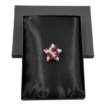 Ladies Christmas boxed gift set includes a satin square scarf and a Christmas star design brooch with genuine crystal stones.