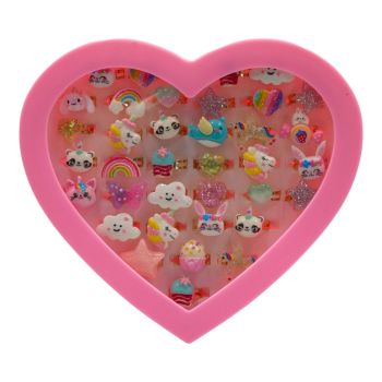 Gold colour plated, childrens size adjustable, acrylic rings In assorted designs and colours.
Presented in a heart shaped acrylic display box.
Box of 36 rings.