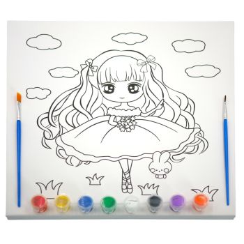 Stretched White canvas on a wood frame, with assorted design prints.
Includes 8 child friendly paints, 1 wide paint brush and 1 thin paint brush.
