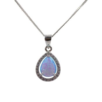 Silver Clear CZ & Blue Opal Teardrop Pendant