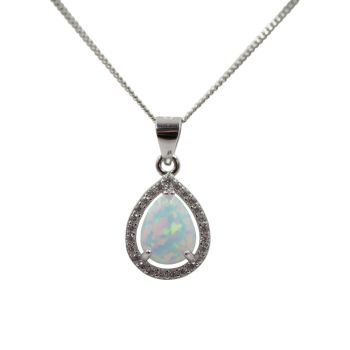 Silver Clear CZ & White Opal Teardrop Pendant