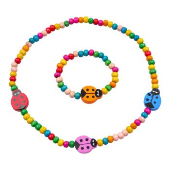 Children's elasticated wooden bead ladybird design necklace and bracelet set
