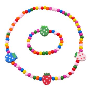Elasticated wooden bead strawberry design necklace and bracelet set
