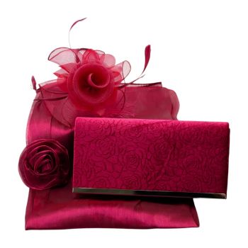 Burgundy Themed Fascinator, Scarf & Evening Bag Set