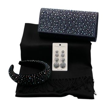 Diamante Earrings, Alice band, Scarf & Evening Bag Set