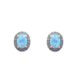 Silver Clear CZ & Blue Opal Oval Stud Earrings