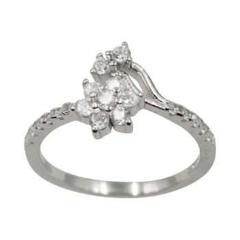 Rhodium plated sterling Silver flower design ring with Clear cubic zirconia stones.