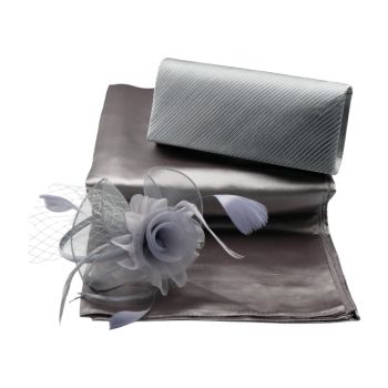 Silver Grey Fascinator, Scarf & Evening Bag Set