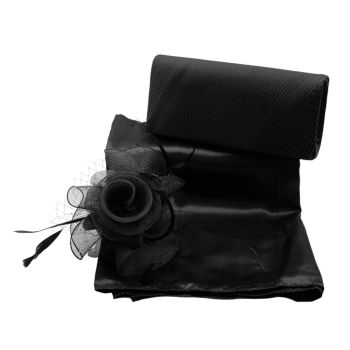 Black Themed Fascinator, Scarf & Evening Bag Set