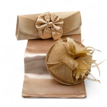 Gold Colour Themed Fascinator, Scarf & Evening Bag Set
