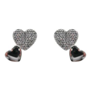 Rhodium plated sterling Silver double heart stud earrings with Clear cubic zirconia stones.
