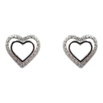 Rhodium plated sterling Silver heart stud earrings with Clear cubic zirconia stones.

