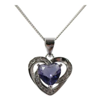 Rhodium plated sterling Silver heart pendant with Clear and Amethyst cubic zirconia stones.
